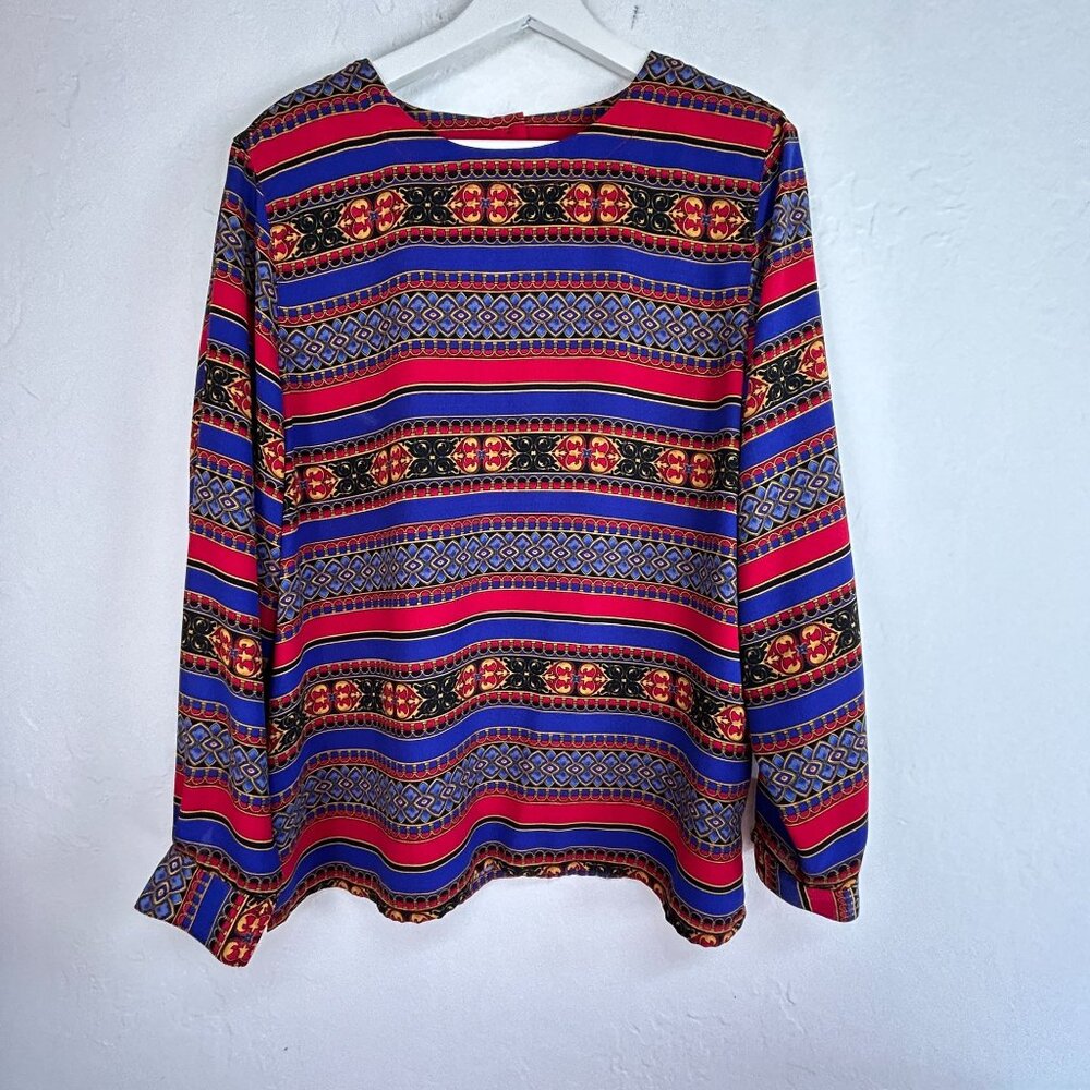 Vintage Alfred Dunner Womens Geometric Stripe Long Sleeve Blouse Retro Size 16